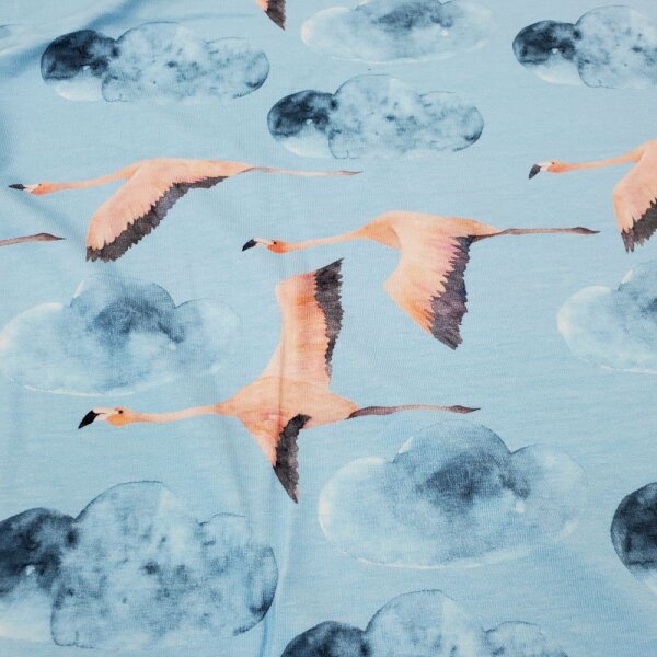 Baumwolljersey bedruckt Digitaldruck Fliegende Flamingos