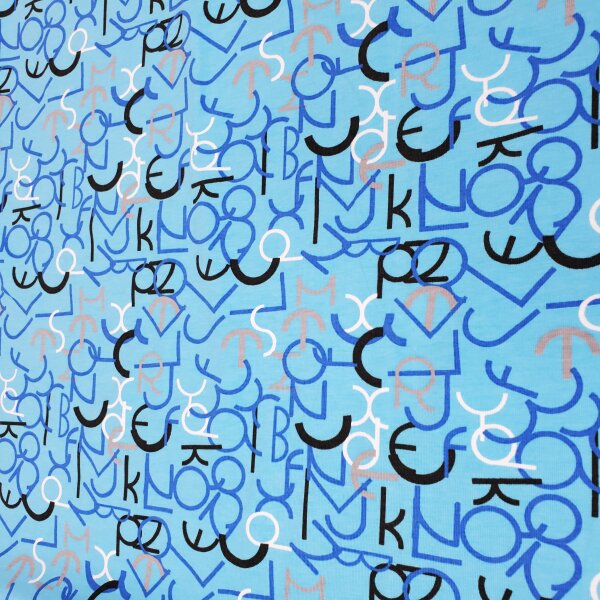 Viskosejersey bedruckt Buchstaben auf hellblau