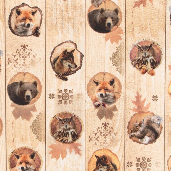 Baumwolldruck Eingerahmte Tierköpfe auf Holzhintergrund