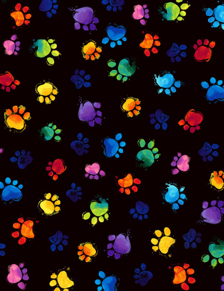Patchworkstoff Rainbow Katzenpfoten auf schwarz