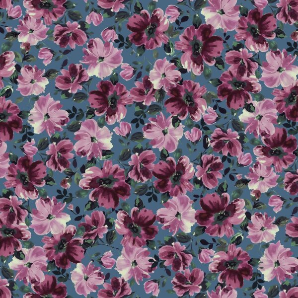 Sommerweat Digitaldruck Kirschblüten auf blauem Grund