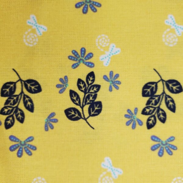 Bio-Baumwolldruck Blumen Libelle auf gelb