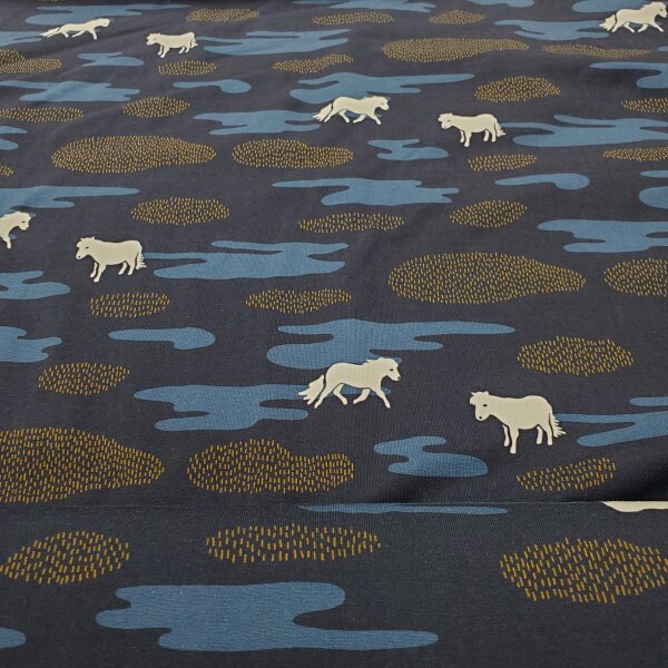 T-Shirt Jersey bedruckt Wildpferde auf der Weide blau