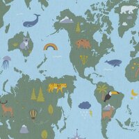 Dekodruck Weltkarte und Tiere blau