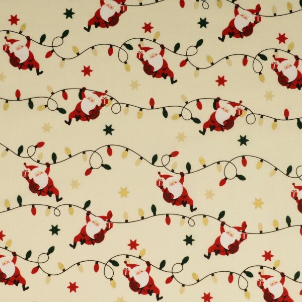 Baumwolldruck Weihnachtsmann und Lichterkette creme