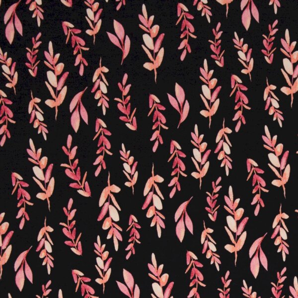 Modal Sommersweat bedruckt pinke Blätter auf schwarz