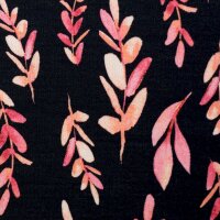 Modal Sommersweat bedruckt pinke Blätter auf schwarz